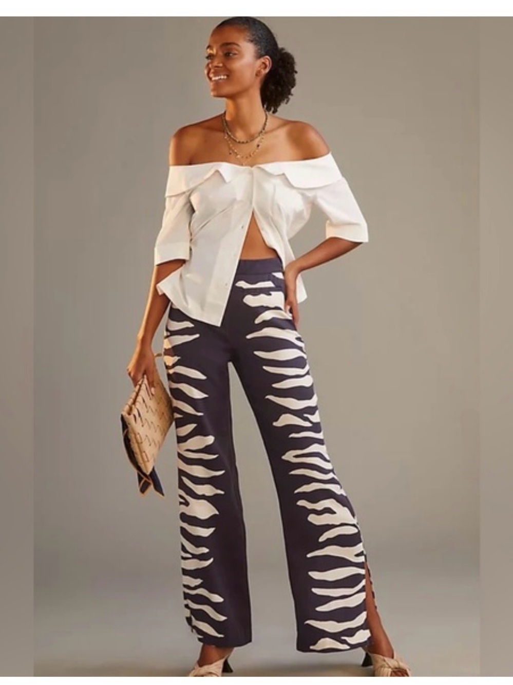 Off-Shoulder White Blouse with Navy Zebra-Print Pants Set